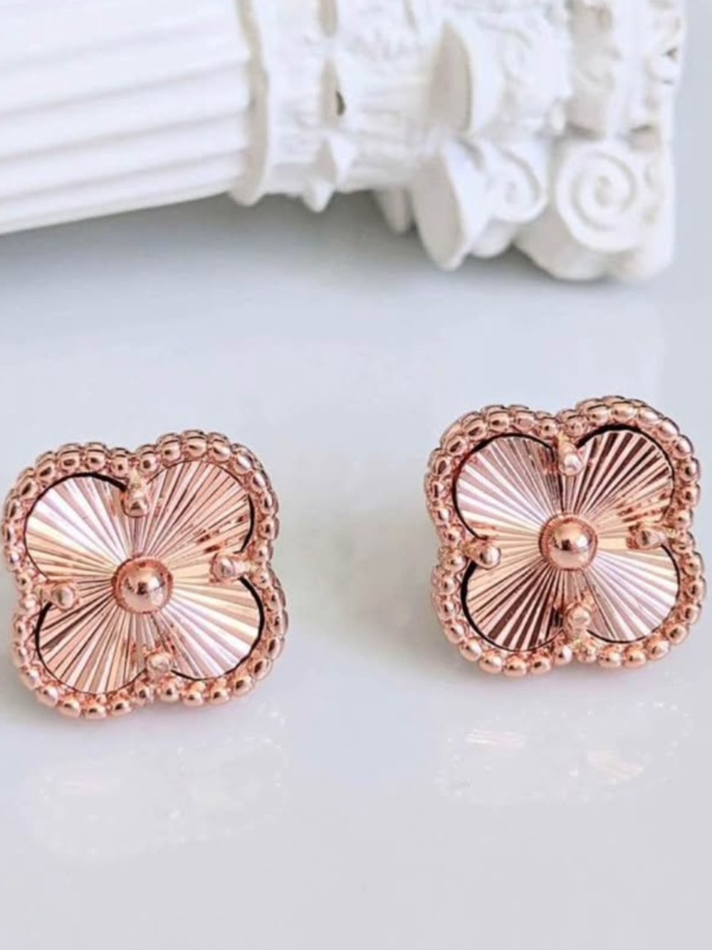 Rose Gold Floral Clover Stud Earrings - Women Jewelry